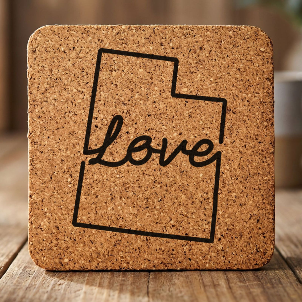 Utah square cork coaster engraved with a hand-drawn state outline and love in cursive