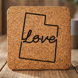 Utah square cork coaster engraved with a hand-drawn state outline and love in cursive