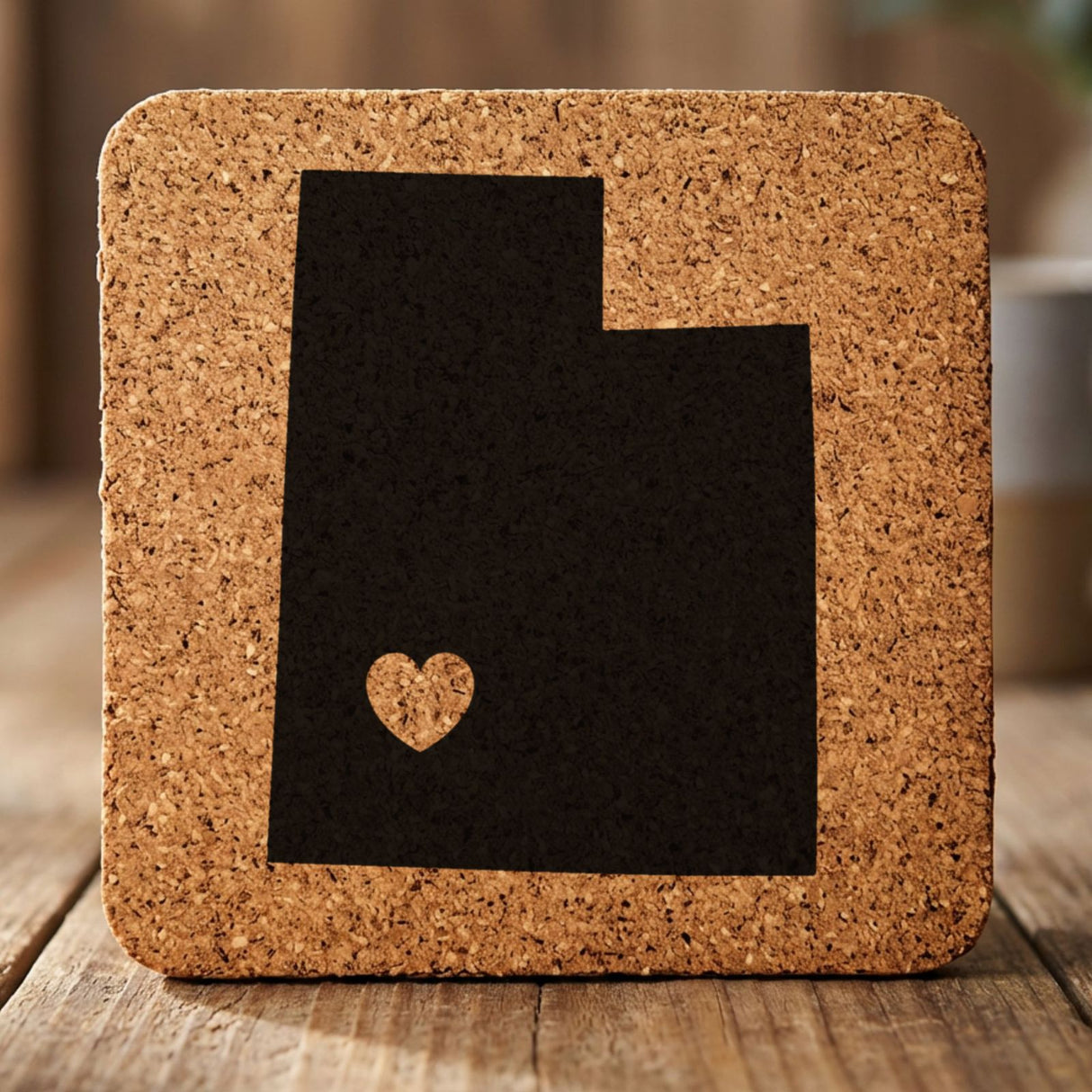 Utah square cork coaster engraved with the state shape and a heart