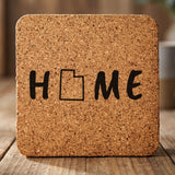 Utah square cork coaster engraved with HOME using the state outline as the letter O