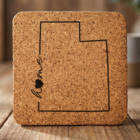 Utah square cork coaster engraved with the state outline and home in script with a heart