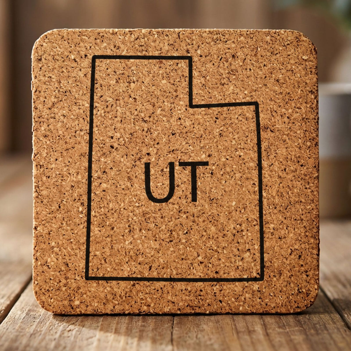Utah square cork coaster engraved with the state outline and UT initials