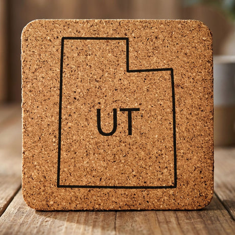 Utah square cork coaster engraved with the state outline and UT initials