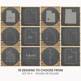 Utah slate coaster set, laser engraved natural stone