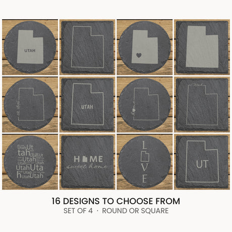 Utah slate coaster set, laser engraved natural stone