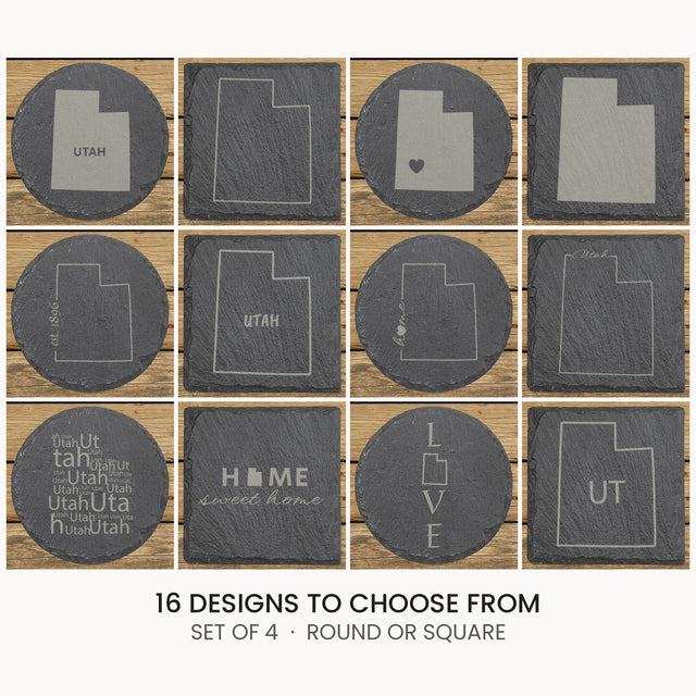 Utah slate coaster set, laser engraved natural stone