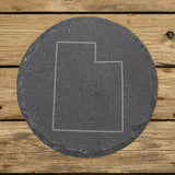 Utah round slate coaster engraved with a clean state outline
