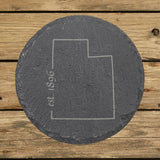 Utah round slate coaster engraved with the state outline and est. 1896