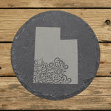 Utah round slate coaster engraved with the state shape in ornate floral scrollwork