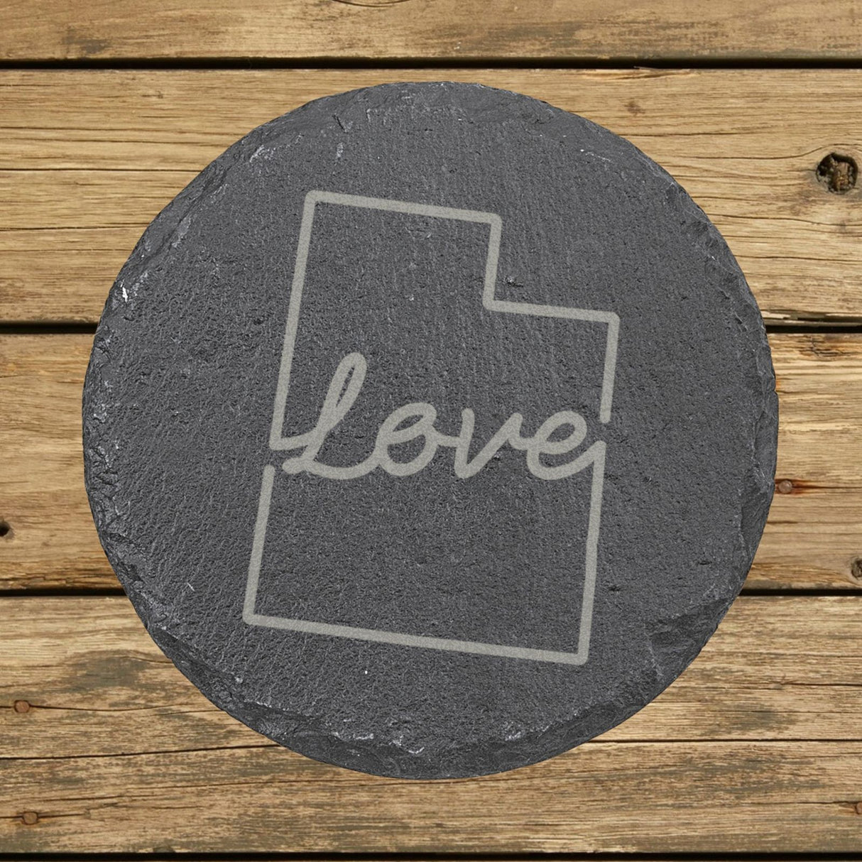 Utah round slate coaster engraved with a hand-drawn state outline and love in cursive