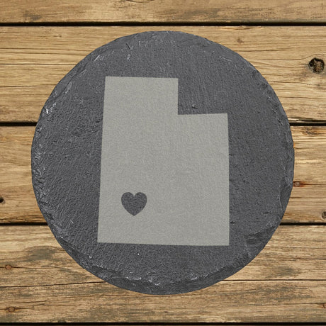 Utah round slate coaster engraved with the state shape and a heart