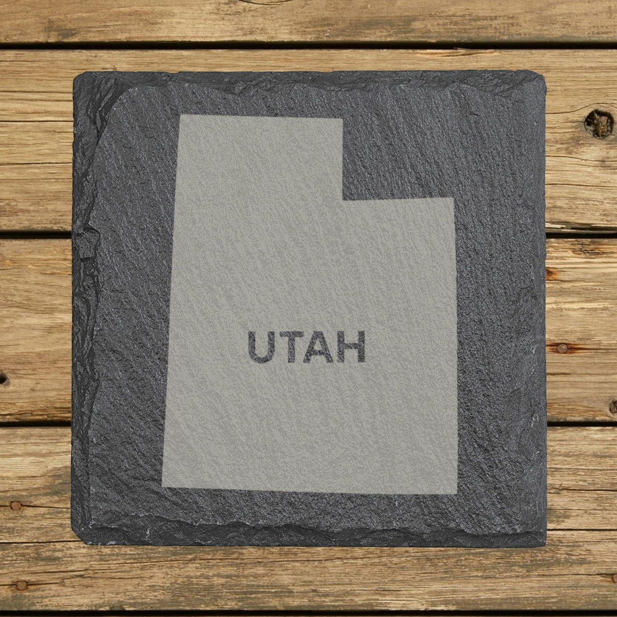 Utah square slate coaster engraved with the state shape and UTAH in bold lettering
