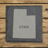 Utah square slate coaster engraved with the state shape and UTAH in bold lettering