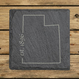 Utah square slate coaster engraved with the state outline and est. 1896