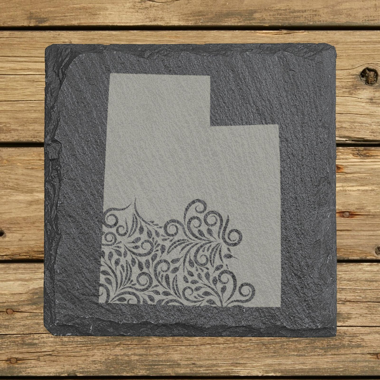 Utah square slate coaster engraved with the state shape in ornate floral scrollwork