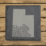 Utah square slate coaster engraved with the state shape in ornate floral scrollwork