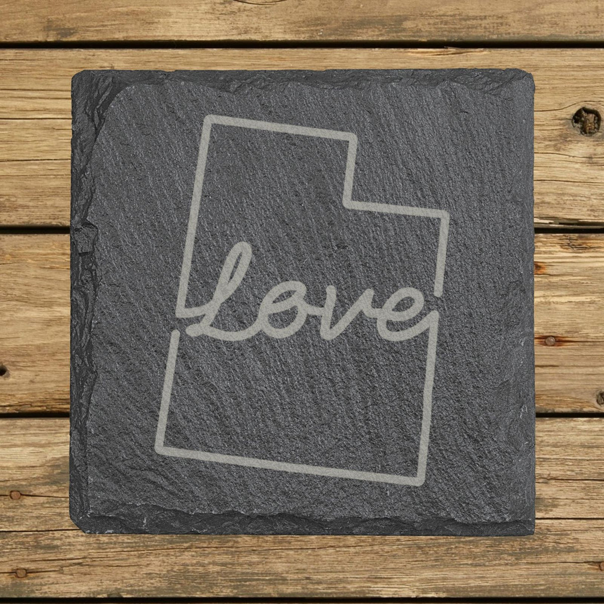 Utah square slate coaster engraved with a hand-drawn state outline and love in cursive
