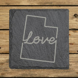 Utah square slate coaster engraved with a hand-drawn state outline and love in cursive