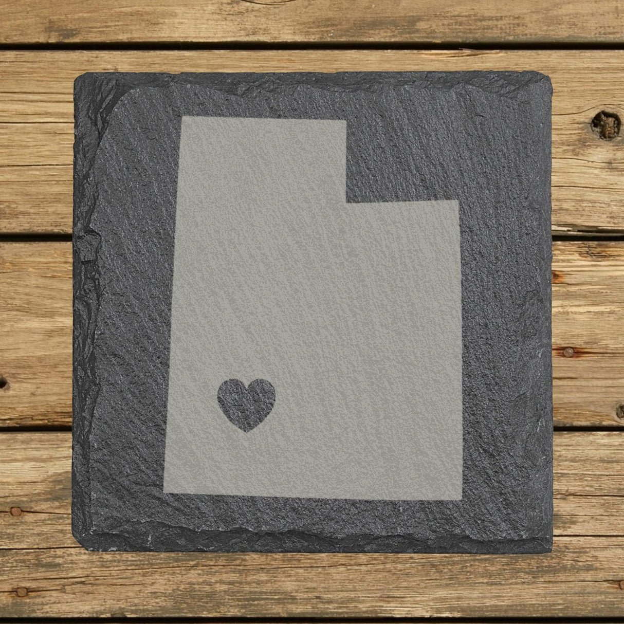 Utah square slate coaster engraved with the state shape and a heart