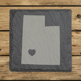 Utah square slate coaster engraved with the state shape and a heart