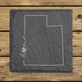 Utah square slate coaster engraved with the state outline and home in script with a heart
