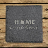 Utah square slate coaster engraved with HOME sweet home using the state shape as the letter O