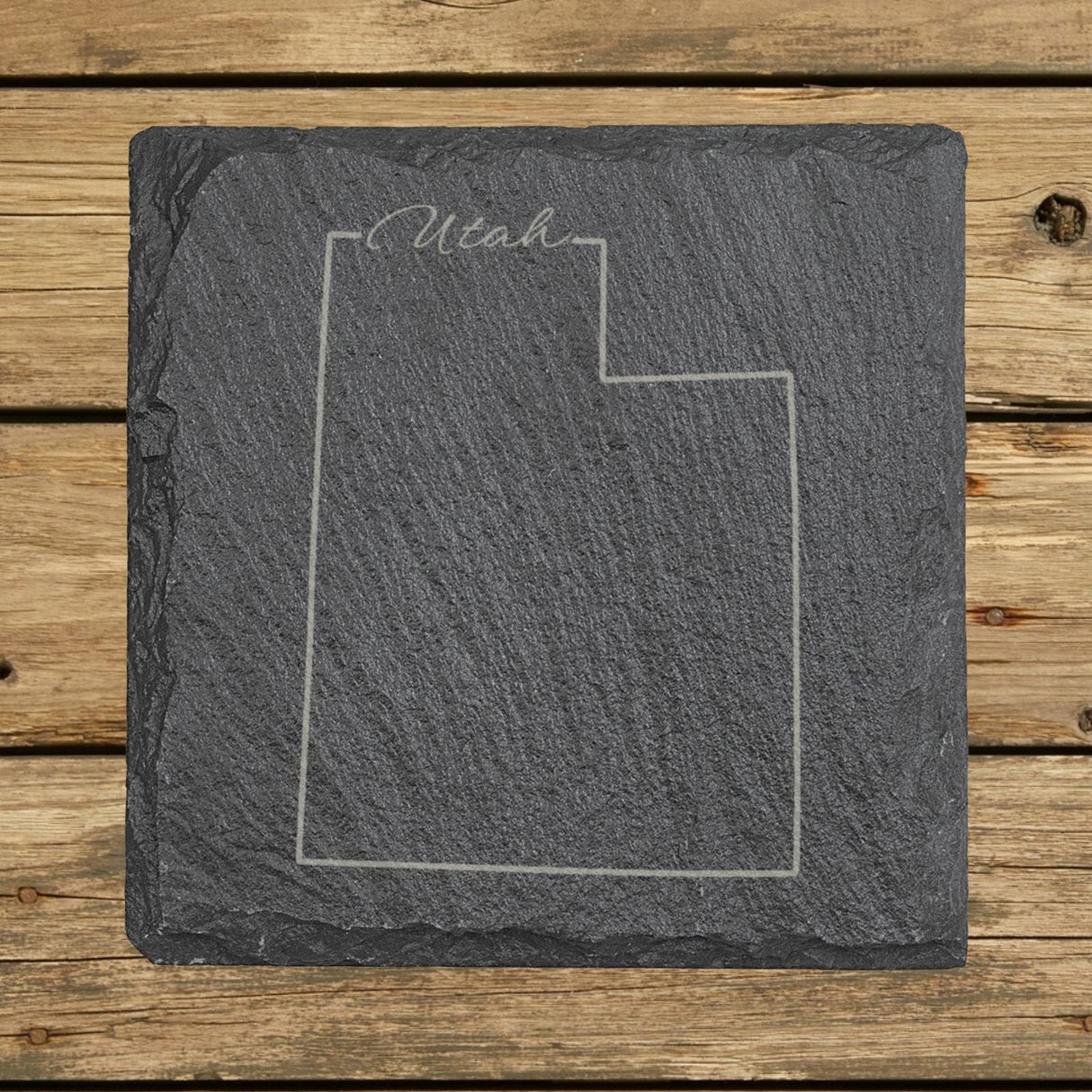 Utah square slate coaster engraved with the state outline and Utah in script lettering