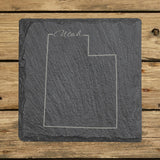Utah square slate coaster engraved with the state outline and Utah in script lettering
