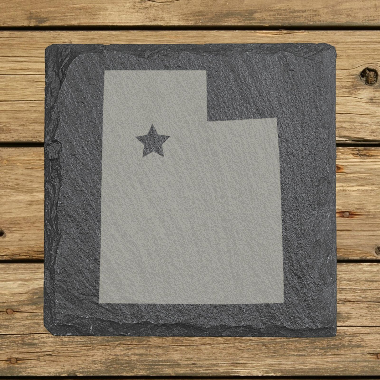 Utah square slate coaster engraved with the state shape and a star