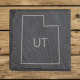 Utah square slate coaster engraved with the state outline and UT initials