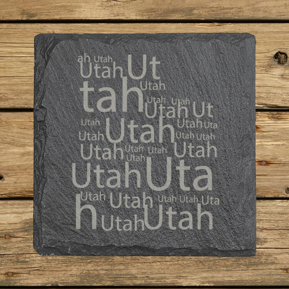 Utah square slate coaster engraved with a word cloud of repeating Utah text