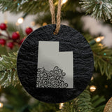 Utah round slate Christmas ornament engraved with the state shape in ornate floral scrollwork