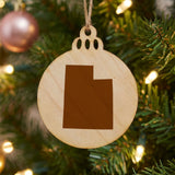 Utah round wood Christmas ornament with the full state shape engraved