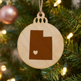 Utah round wood Christmas ornament engraved with the state shape and a heart