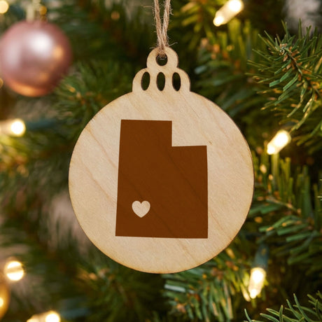 Utah round wood Christmas ornament engraved with the state shape and a heart