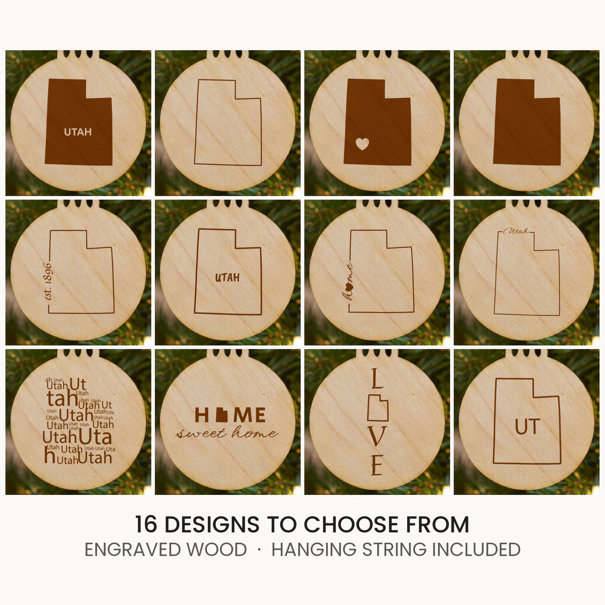 Utah wood Christmas ornament, laser engraved natural wood