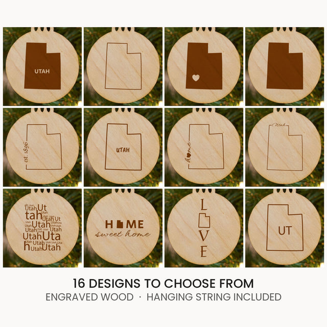 Utah wood Christmas ornament, laser engraved natural wood
