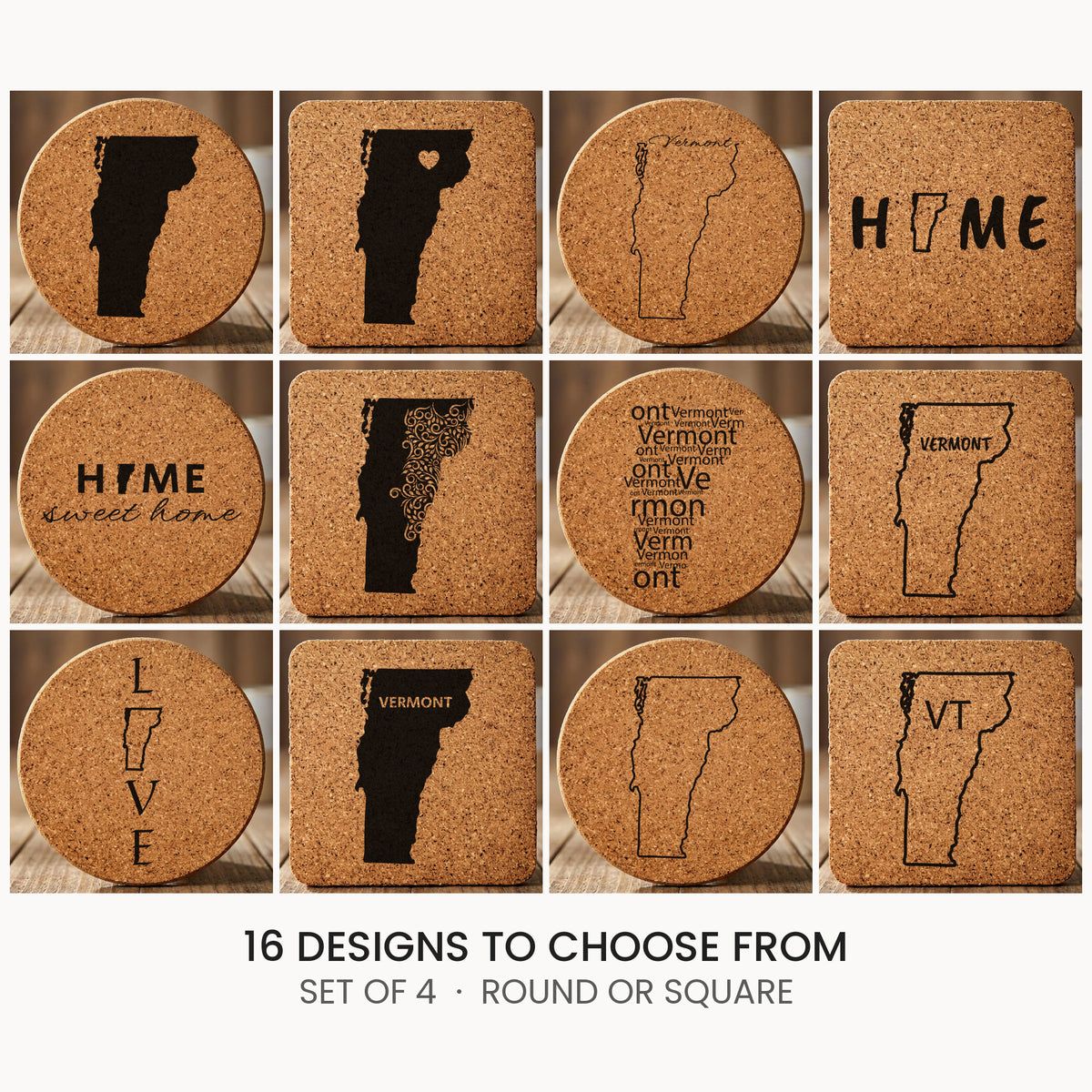 Vermont cork coaster set, laser engraved natural cork