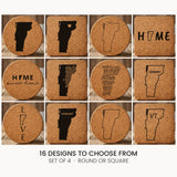 Vermont cork coaster set, laser engraved natural cork