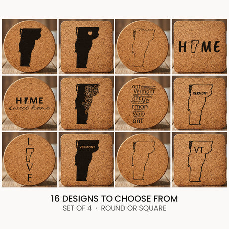 Vermont cork coaster set, laser engraved natural cork