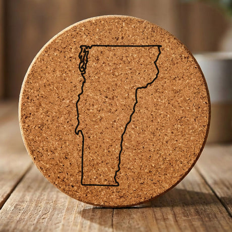 Vermont round cork coaster engraved with a clean state outline