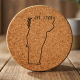 Vermont round cork coaster engraved with the state outline and est. 1791