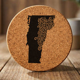 Vermont round cork coaster engraved with the state shape in ornate floral scrollwork