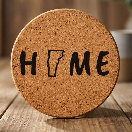 Vermont round cork coaster engraved with HOME using the state outline as the letter O