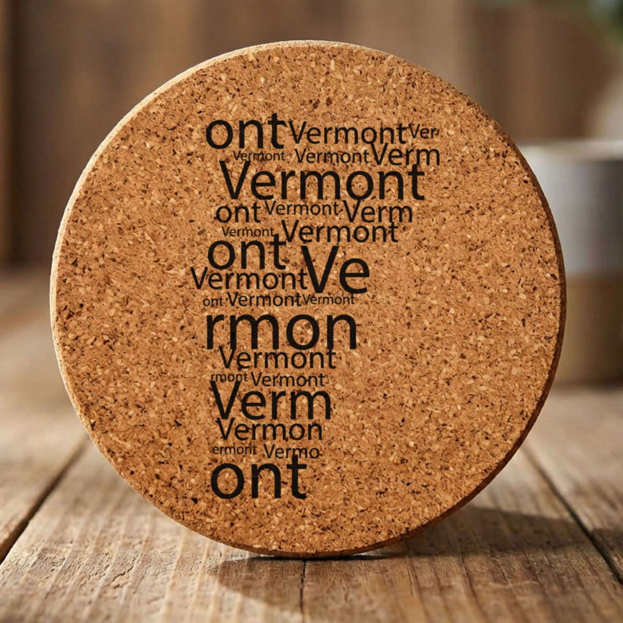 Vermont round cork coaster engraved with a word cloud of repeating Vermont text
