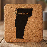Vermont square cork coaster engraved with the state shape and VERMONT in bold lettering