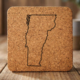 Vermont square cork coaster engraved with a clean state outline