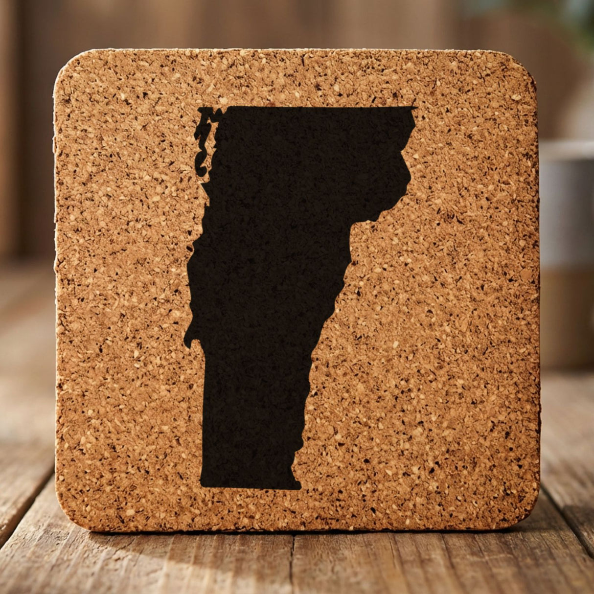 Vermont square cork coaster with the full state shape engraved