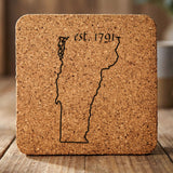 Vermont square cork coaster engraved with the state outline and est. 1791
