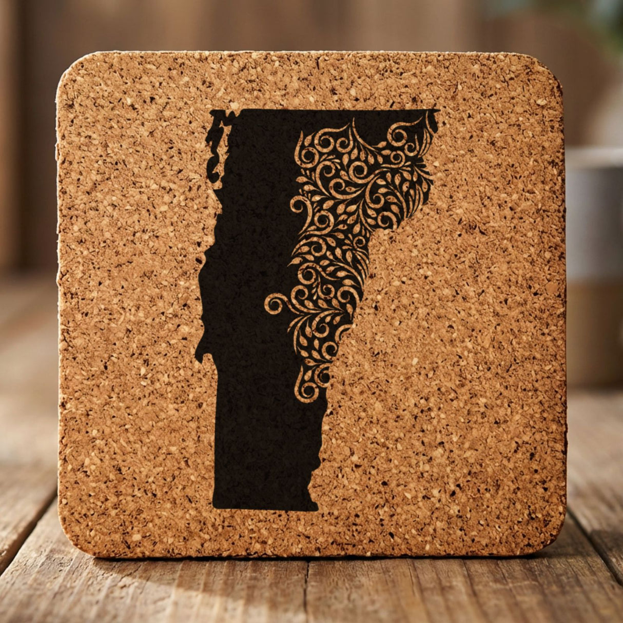 Vermont square cork coaster engraved with the state shape in ornate floral scrollwork